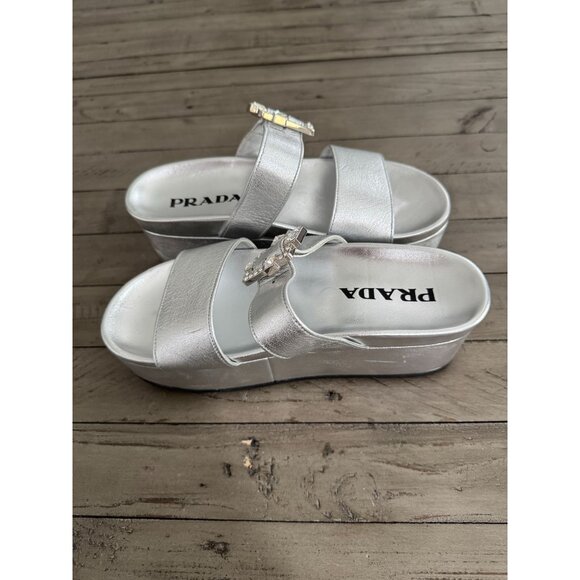 Prada Silver Metallic Leather Platform Crystal Buckle Slide Sandals Size 38 8 - Picture 9 of 10
